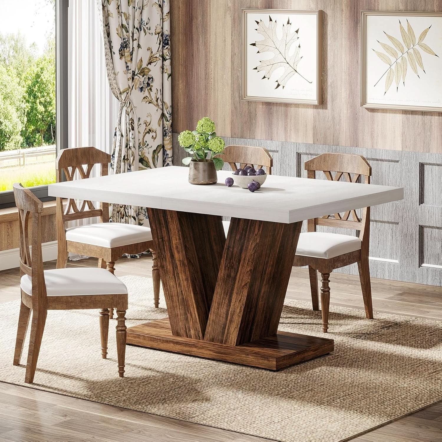 47 Inch White Oak Dining Table With Heavy Pedestal Base