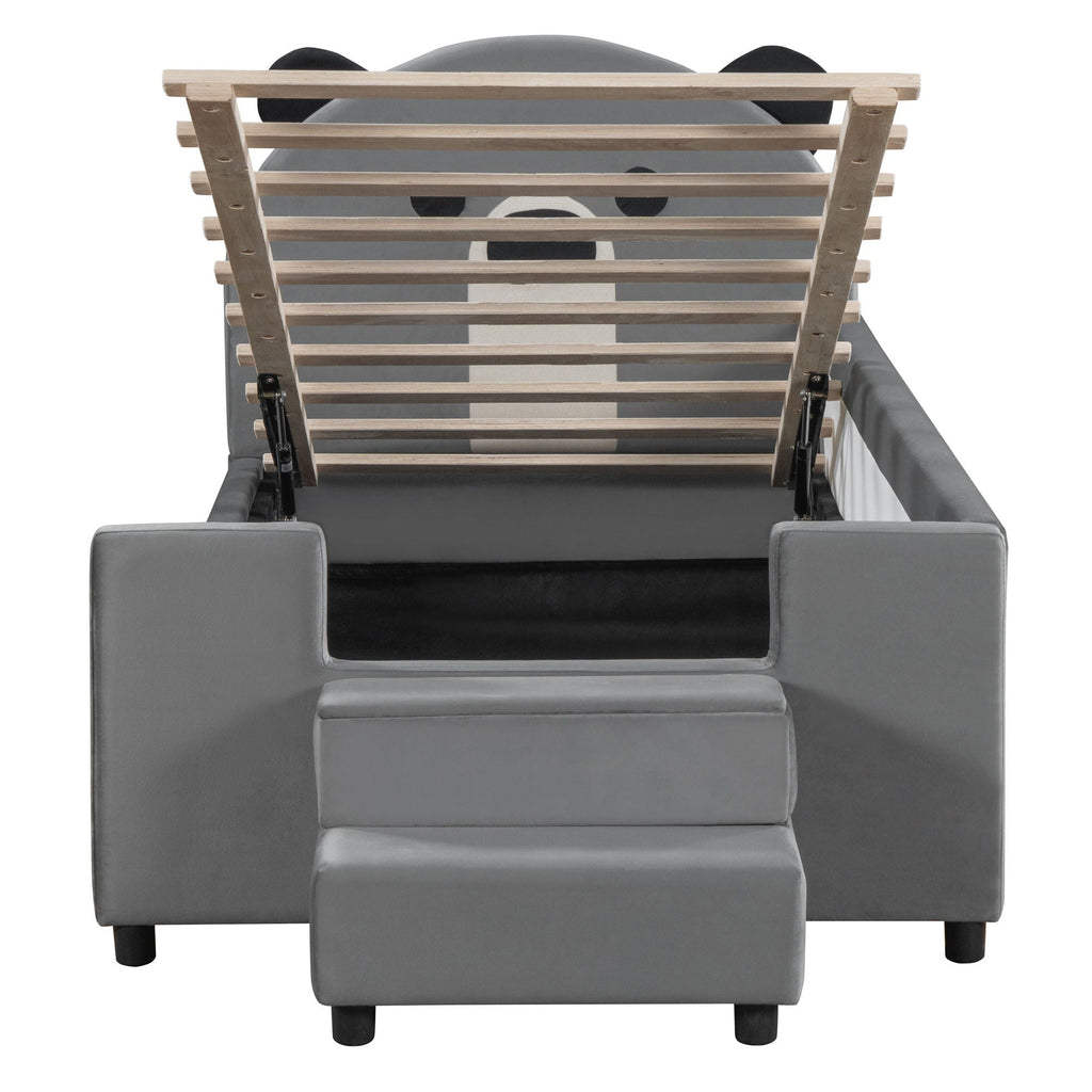 Upholstered Daybed With Bear Shaped Headboard, Hydraulic System And Breathable Fence