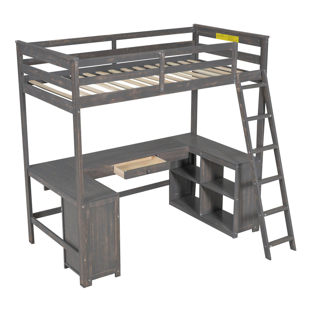 Loft Bed With U-Shaped Desk, Drawers, And Storage Shelves