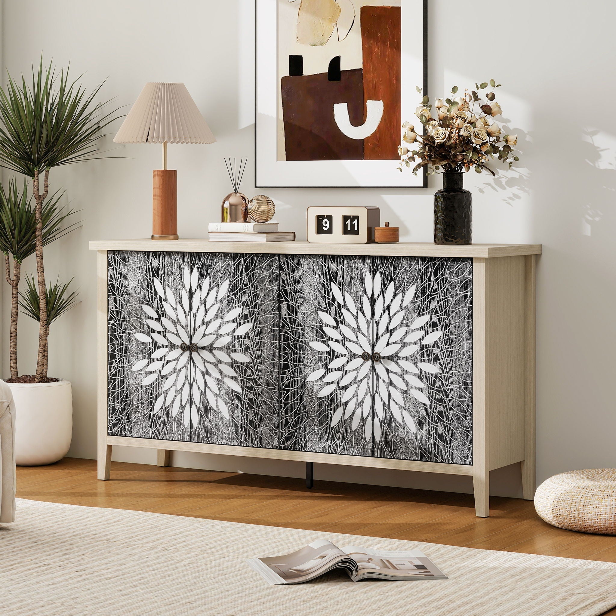 Modern Storage Cabinet With 4 Doors & Adjustable Shelves