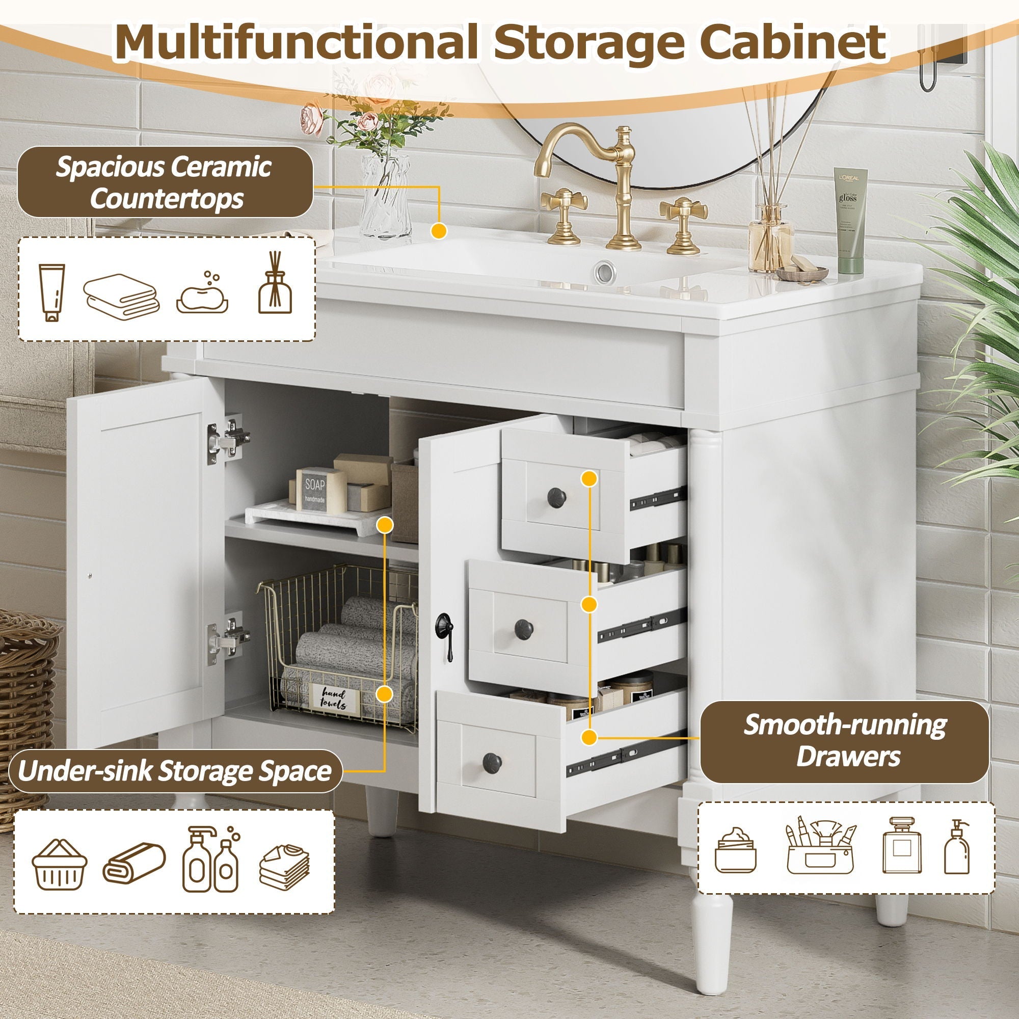 Bathroom Vanity With Ceramic Sink, 2 Doors 3 Drawers, Soft Close Design