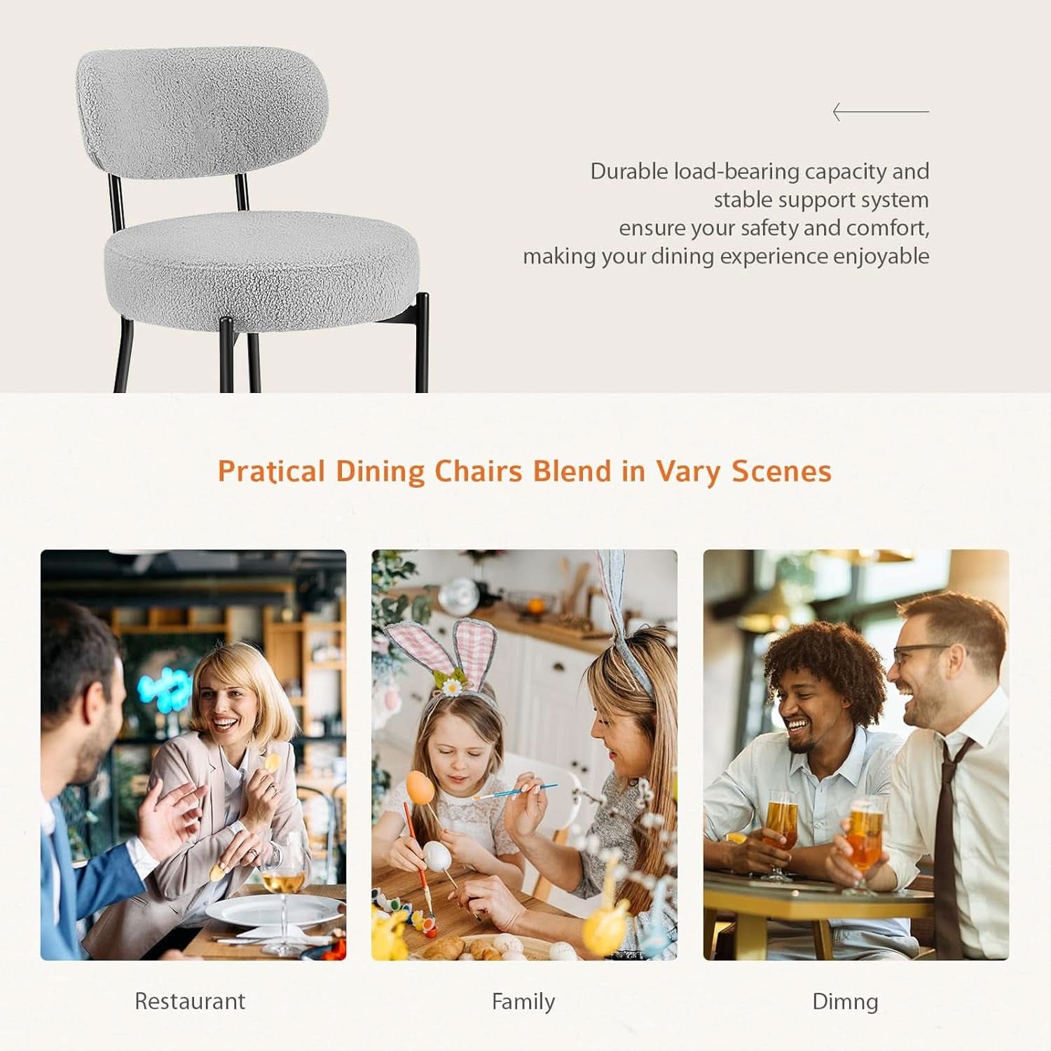 Boucle Upholstered Dining Chairs Set Of 4 With Curved Backrest Metal Legs Grey