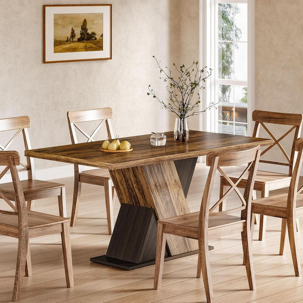 55 Inch Walnut Solid Industrial Dining Table Seats Six