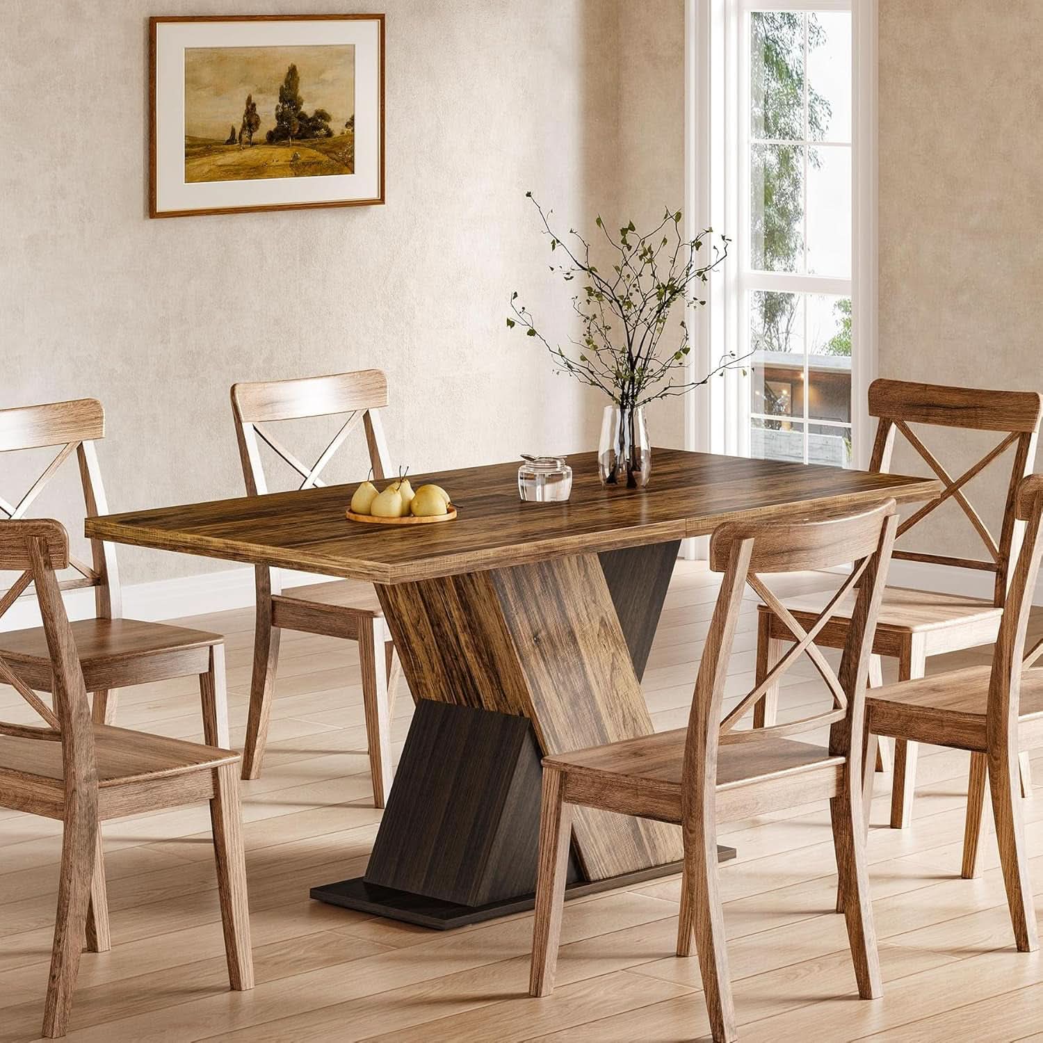 55 Inch Walnut Solid Industrial Dining Table Seats Six