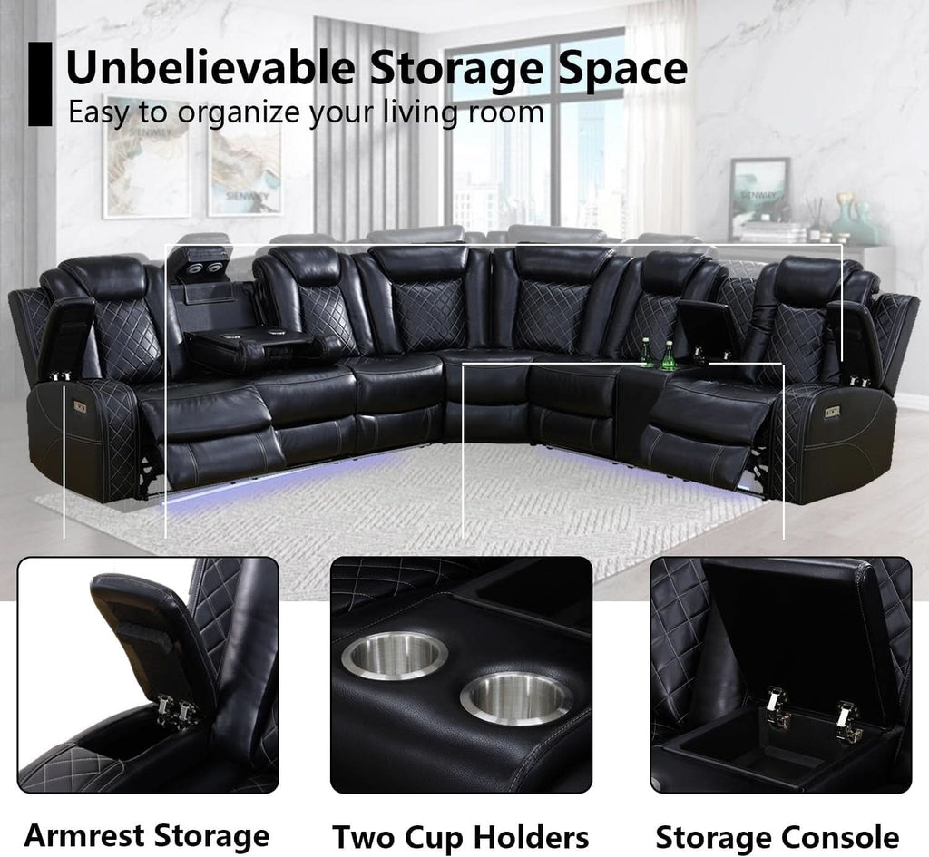 Black Leather Power Reclining Sectional Sofa Living Room