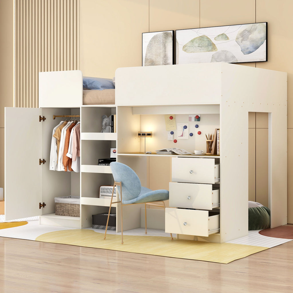 Loft Bed With Built In Wardrobe, Desk, Shelves, And Drawers