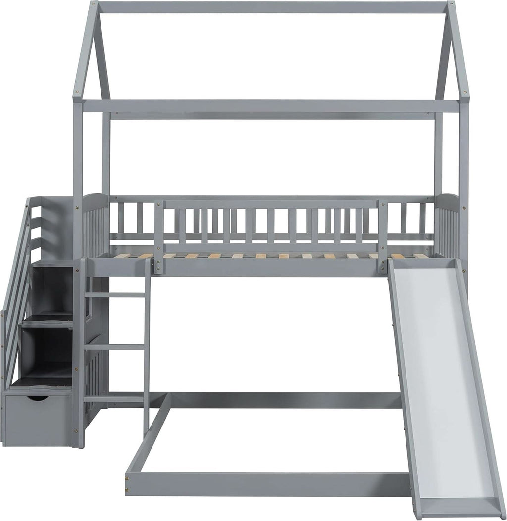 Gray Twin Loft Bunk Bed With Slide And Stairs Storage