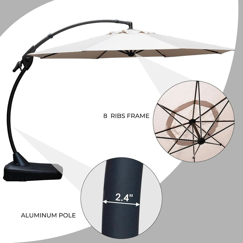 11ft Cantilever Umbrella With Base Champagne Aluminum Outdoor Patio Shade Durable Frame