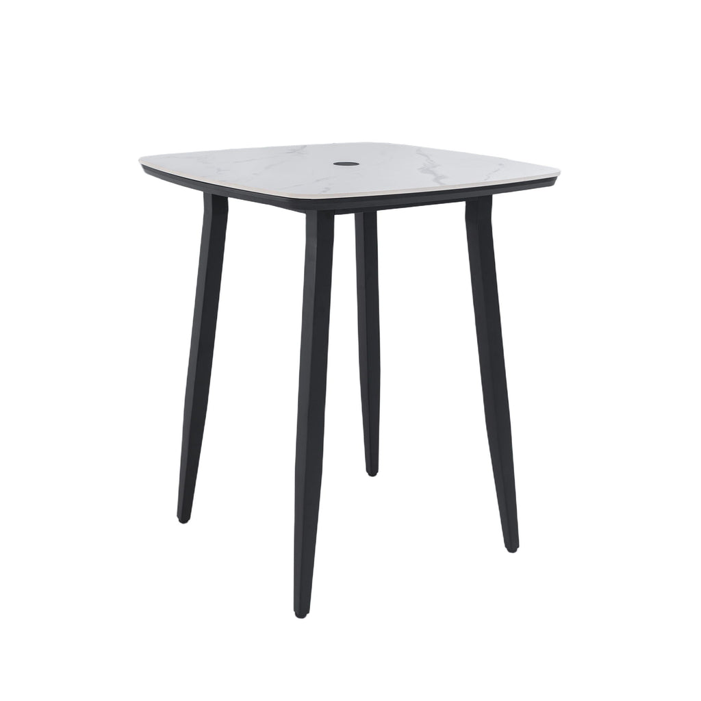Outdoor Bar Table, Rounded Square Sintered Stone Top With Umbrella Hole, Rust Free Frame, Weatherproof - Ember Black / White
