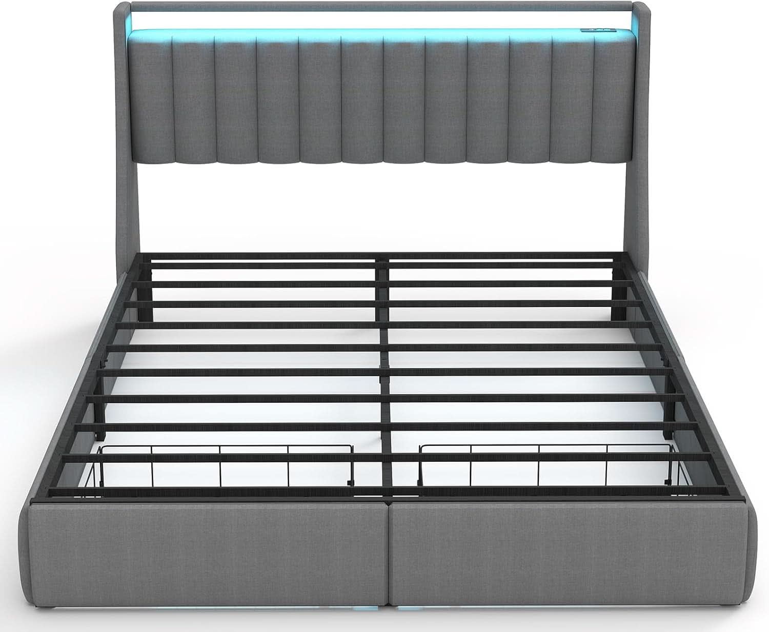 Queen Bed Frame With LED Lights And Storage Drawers