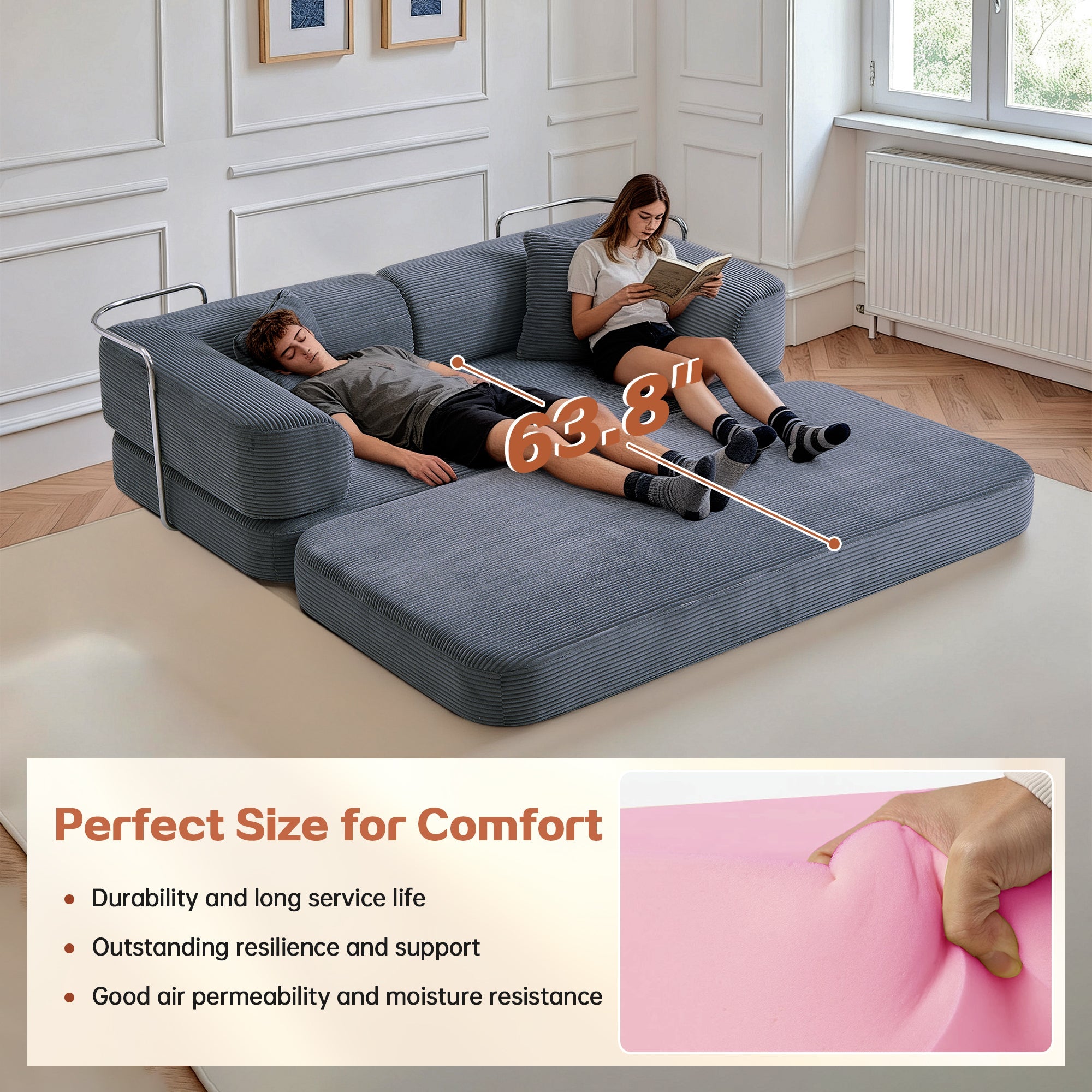 Sofa Bed Floor 5-in-1 Corduroy Gray Convertible Pillow Blanket 74.8 In