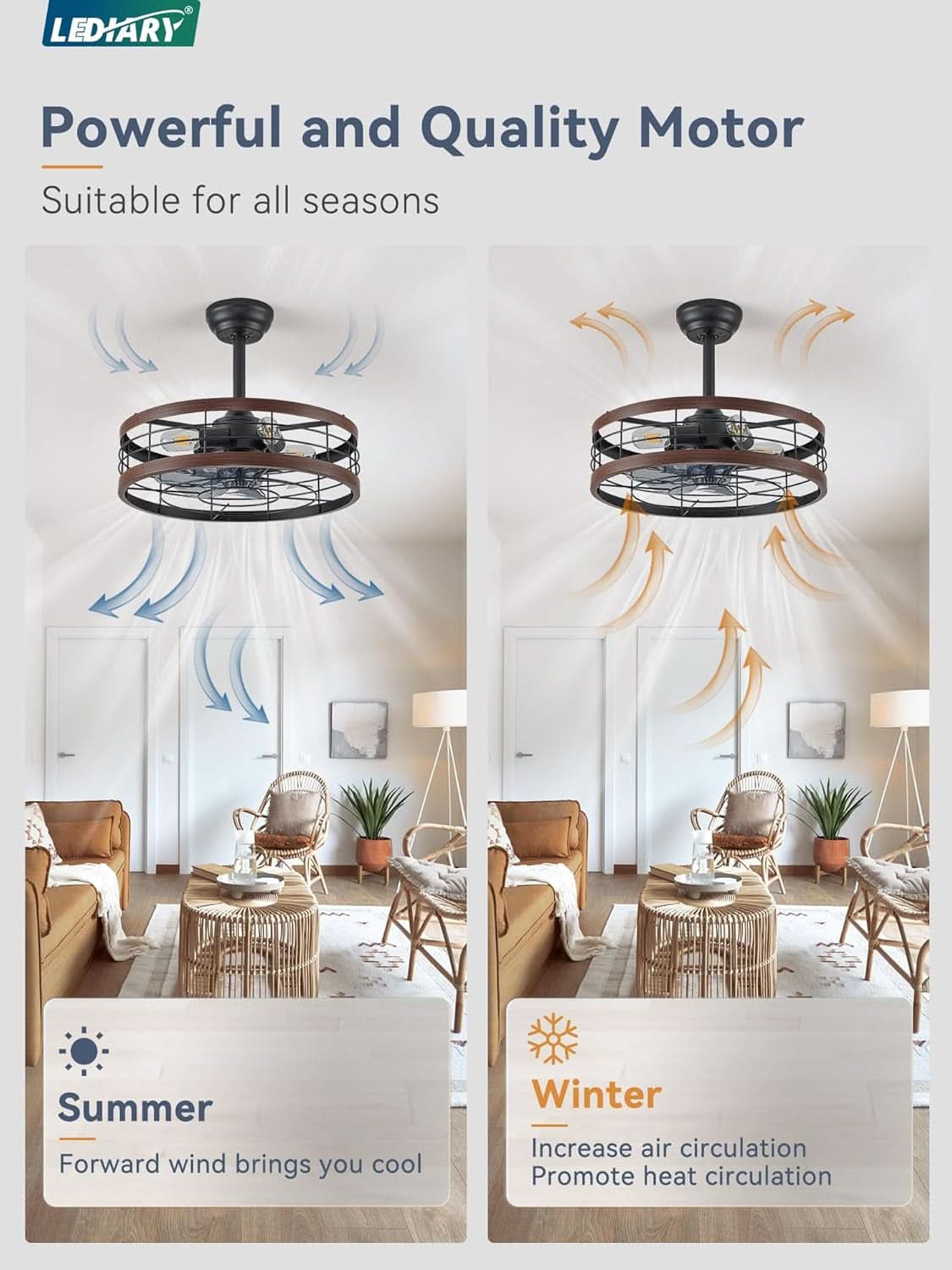 20 Inch Walnut Caged Fandelier Ceiling Fan With Light And Remote Control 6 Speeds With Timing