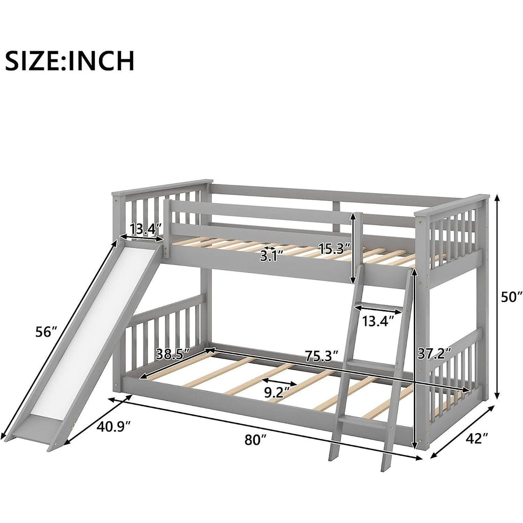 Grey Twin Bunk Bed With Slide Solid Pine Construction