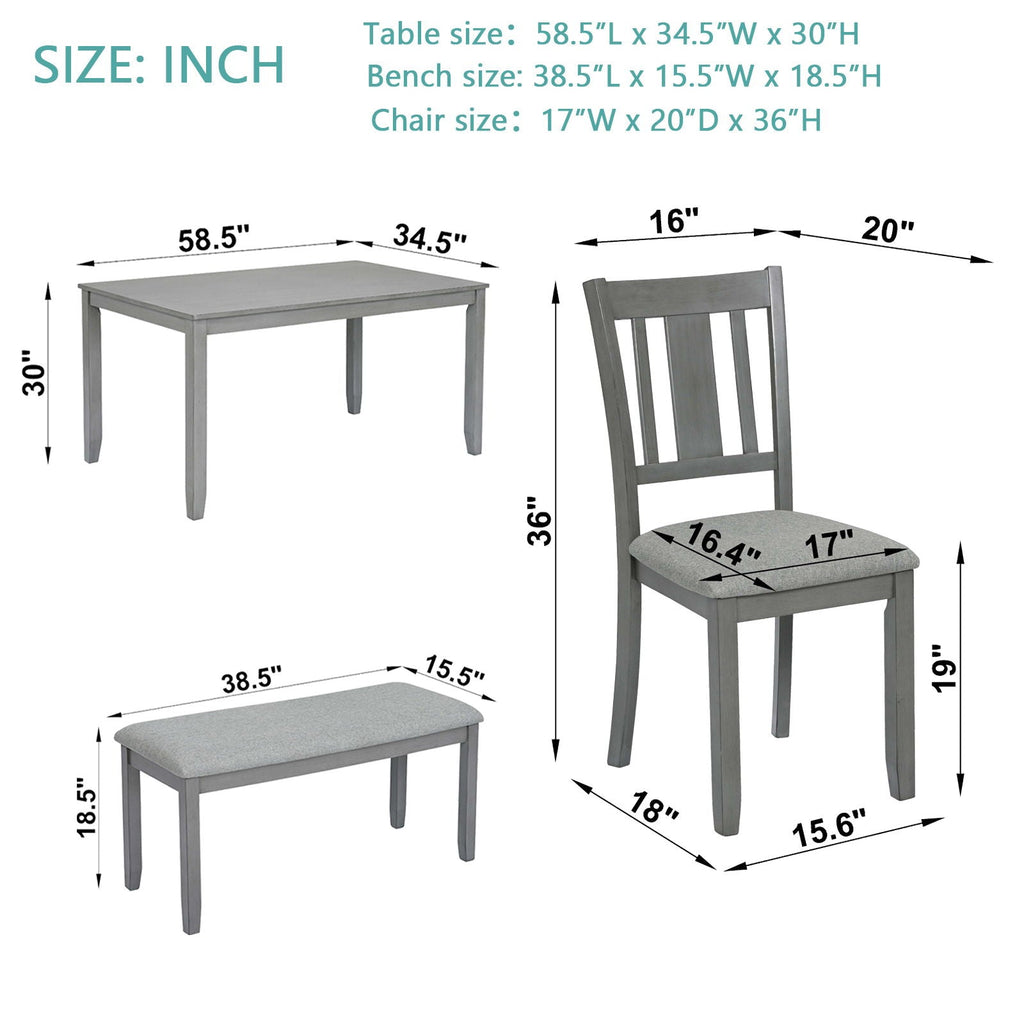 6 Pieces Kitchen Dining Set, Rectangular Wooden Dining Table With 4 Upholstered Chairs And A Bench