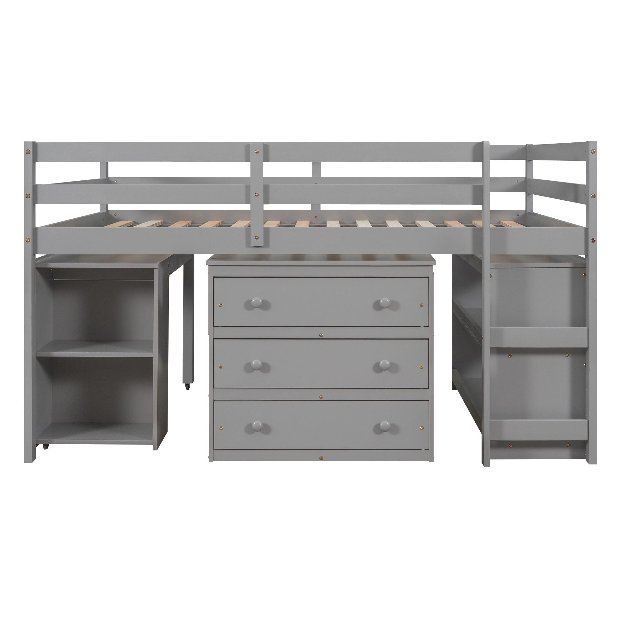 Loft Low Study Bed With Cabinet, Shelves And Rolling Portable Desk, Multiple Functions
