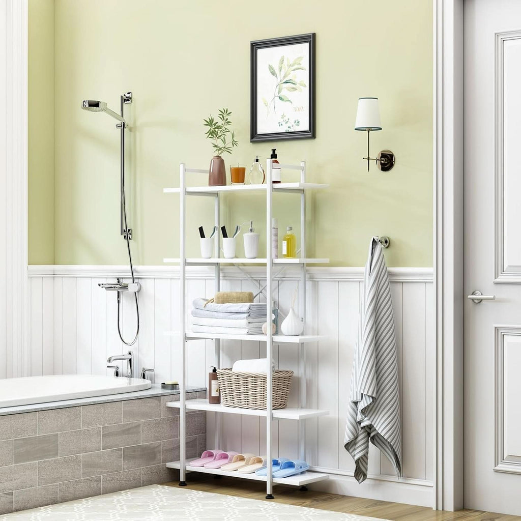 White 5 Tier Wooden Bookcase Tall Storage Organizer