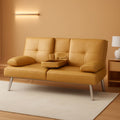 Convertible Futon Sofa Bed in Faux Leather Camel Yellow with Removable Armrests
