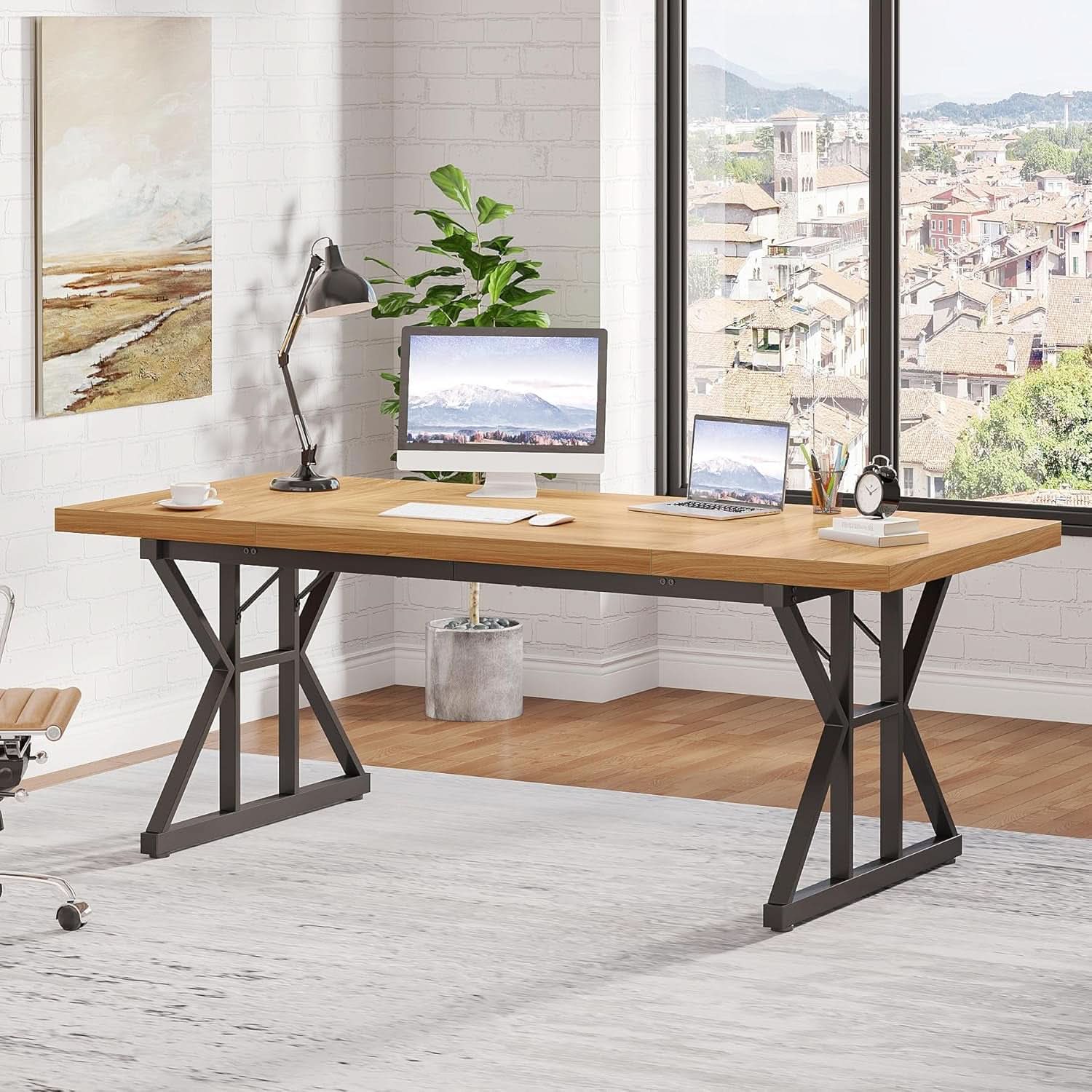 70.8 Inch Executive Desk Light Walnut Black Large Computer Office Desk