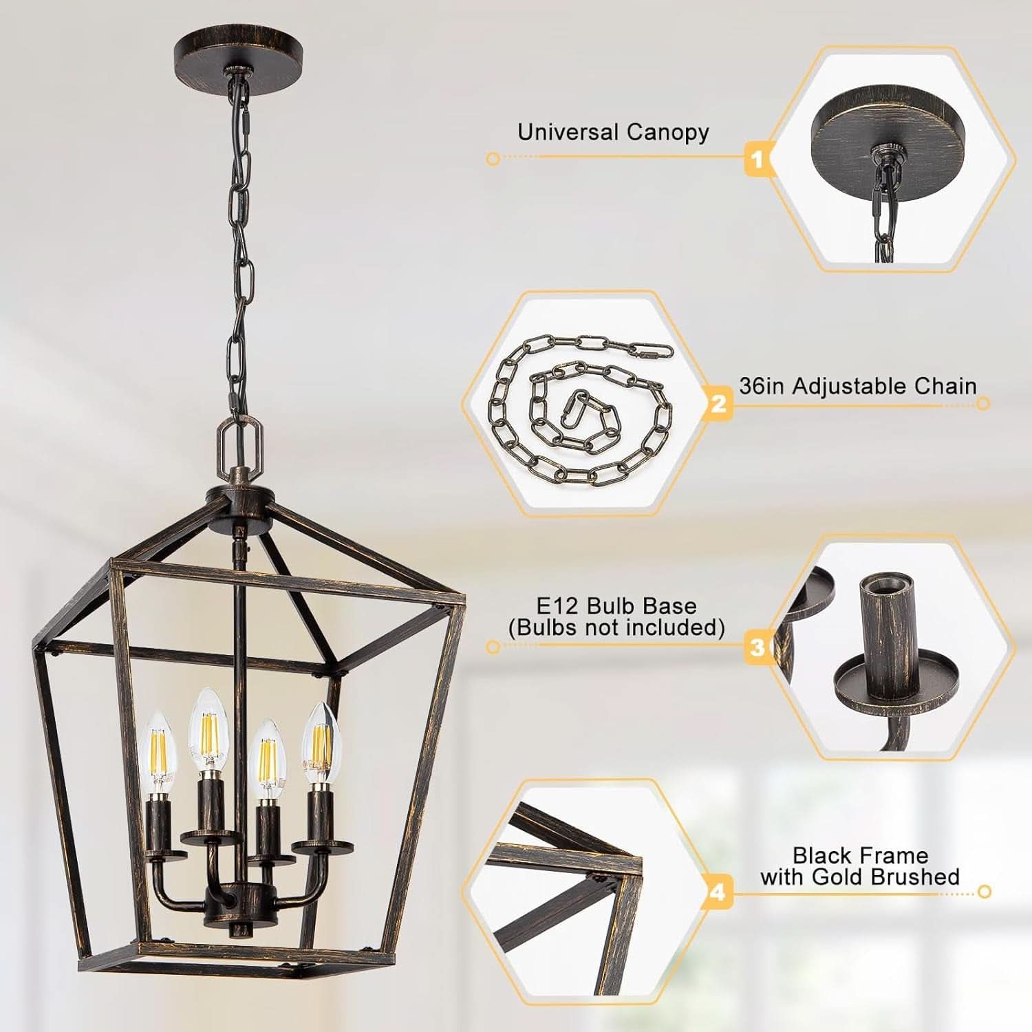 Industrial Black and Gold 4 Light Chandelier With Adjustable Chain