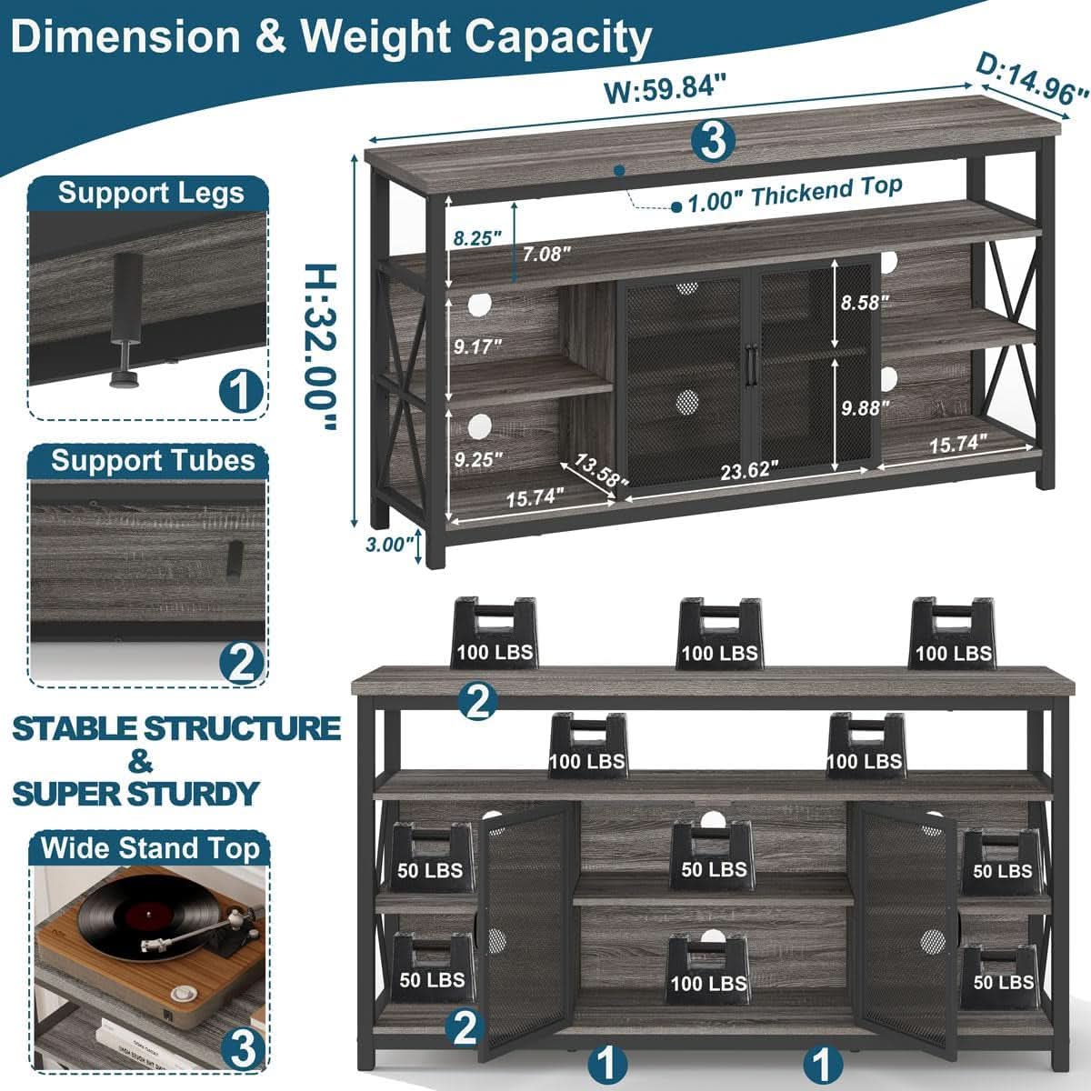 Tall TV Stand for 65 Inch TV With Storage Cabinet Grey Oak