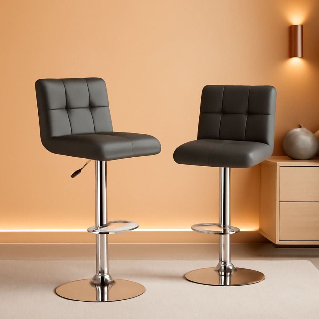 Grey Adjustable Swivel Bar Stools Set of 2 With PU Leather