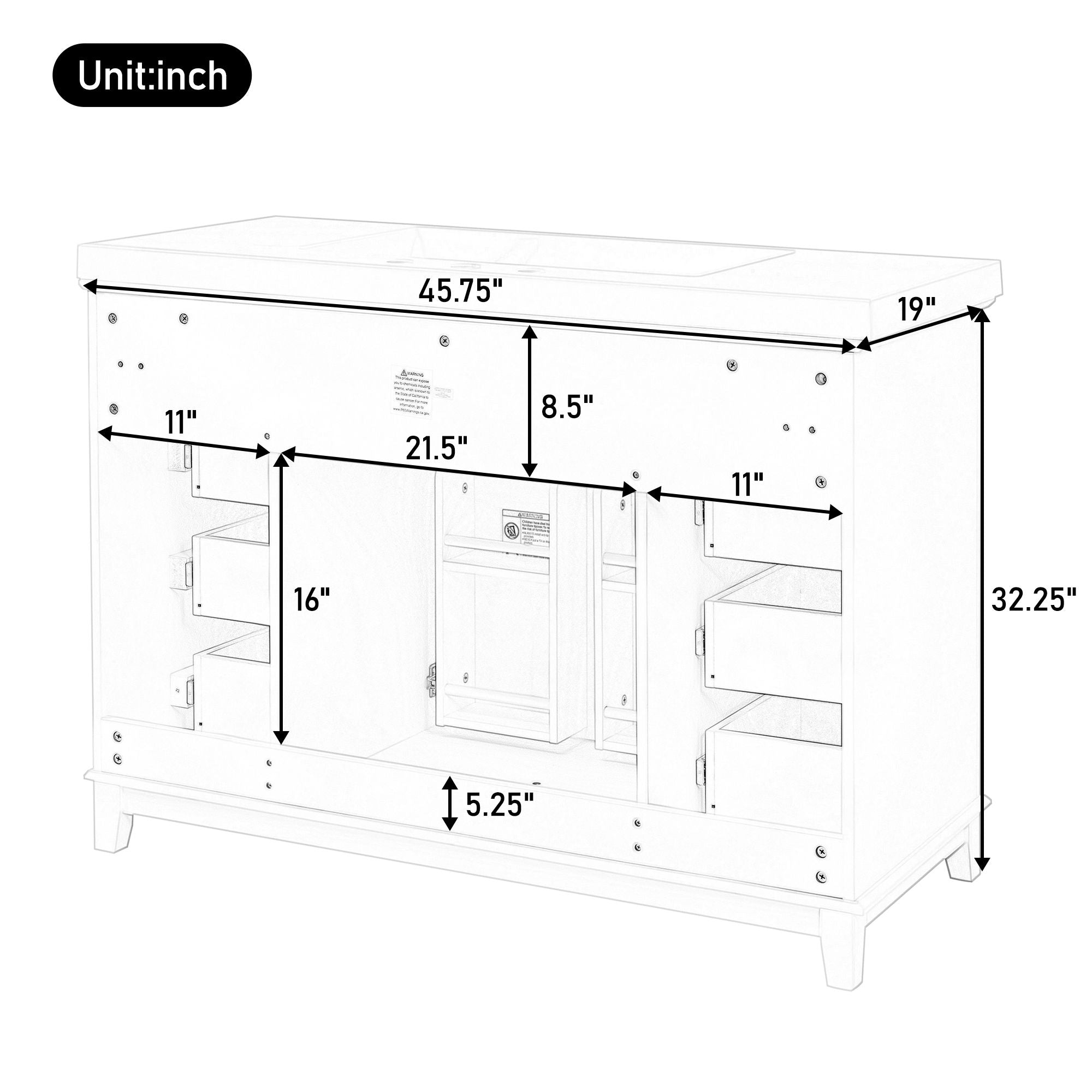 Bathroom Vanity With Sink, 6 Soft Close Drawers & Double Doors - White