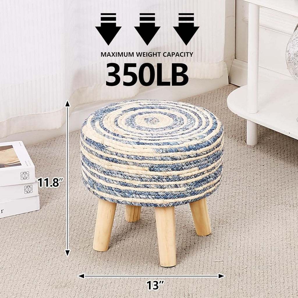 Round Seagrass Ottoman Footstool Handwoven Natural Blue