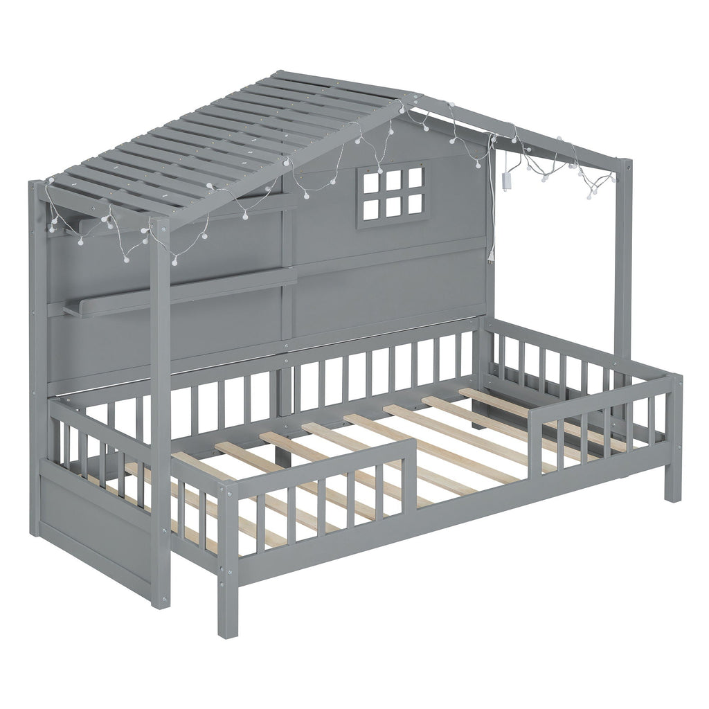 House Bed With Shelves, Window And Sparkling Light Strip On The Roof