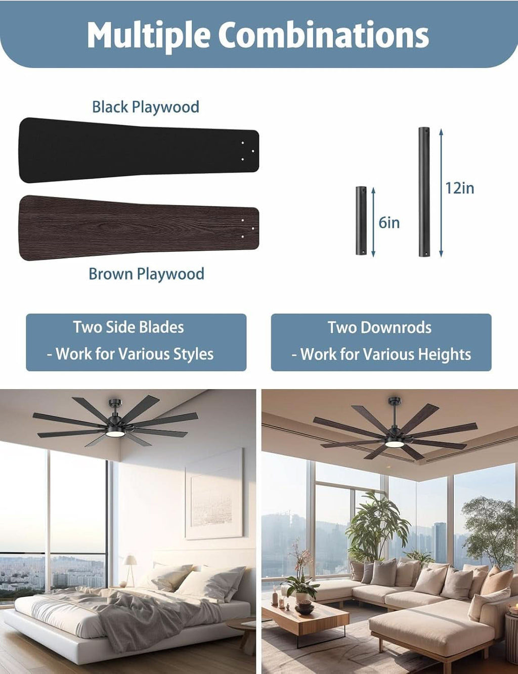 62 Inch Ceiling Fan With Remote Matte Black Wood Finish