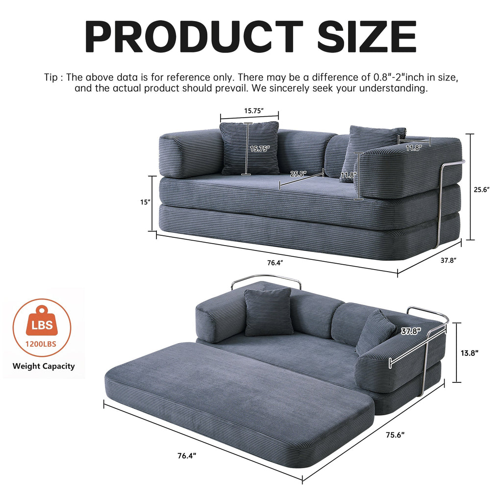 Sofa Bed Floor 5-in-1 Corduroy Gray Convertible Pillow Blanket 74.8 In