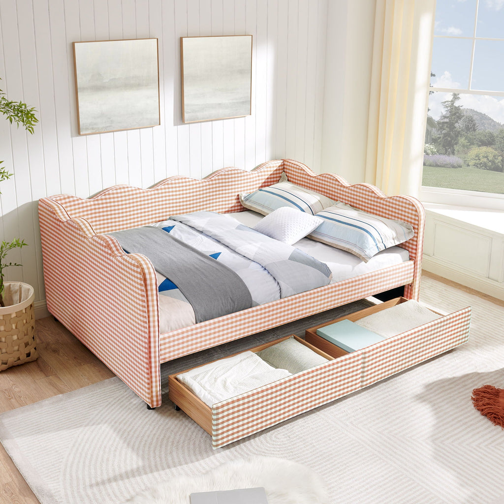 Gingham Daybed With USB Charging Port, Wave-Shaped Design