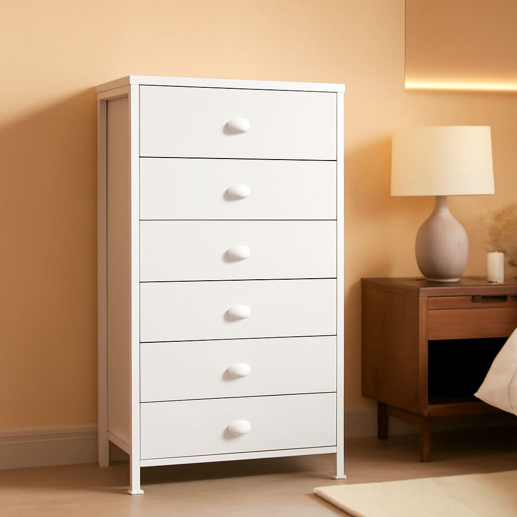 White Tall Dresser With Six Fabric Drawers For Organization