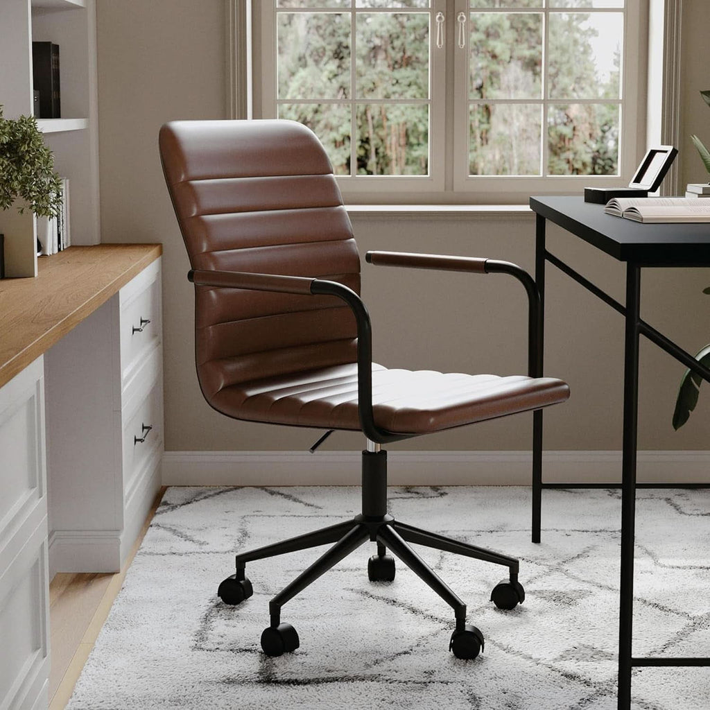 Saddle Brown Faux Leather Swivel Task Chair With Armrests