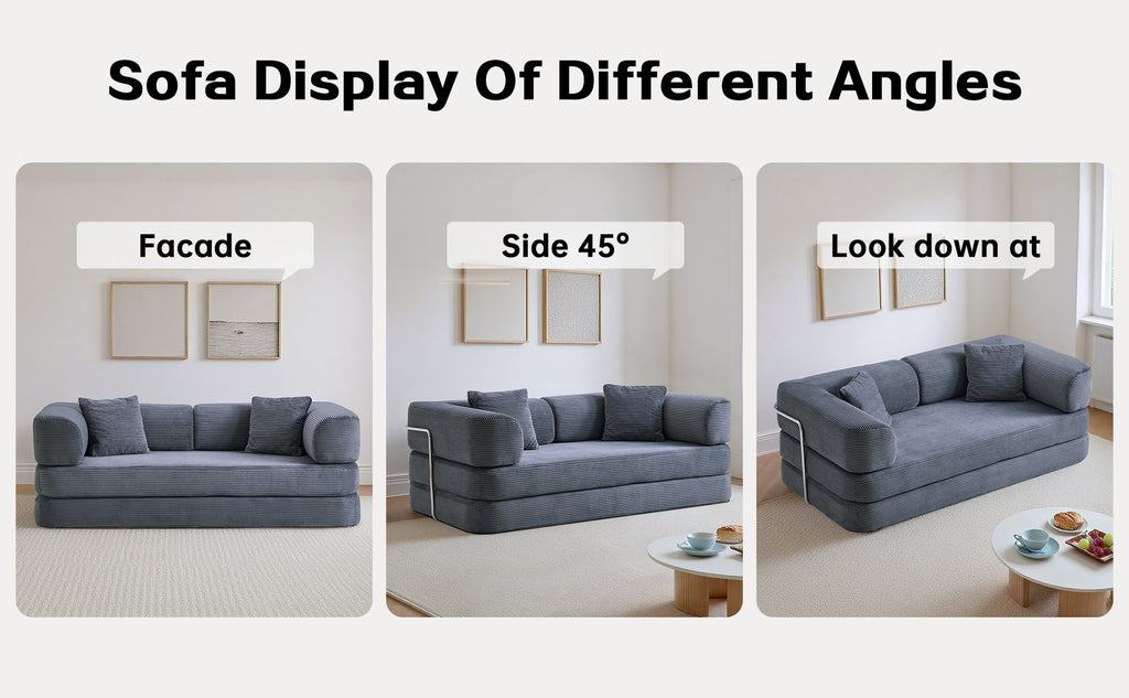 Sofa Bed Floor 5-in-1 Corduroy Gray Convertible Pillow Blanket 74.8 In