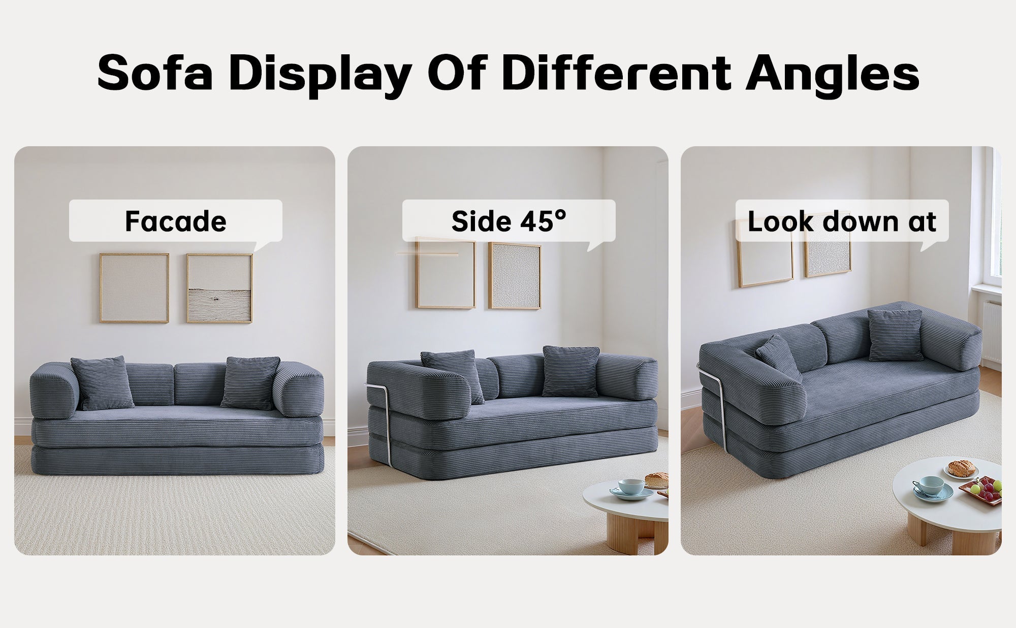Sofa Bed Floor 5-in-1 Corduroy Gray Convertible Pillow Blanket 74.8 In