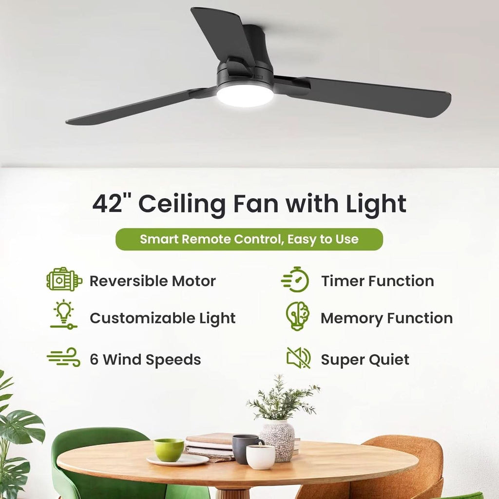 42 Inch Black Ceiling Fan With Light Energy Efficient