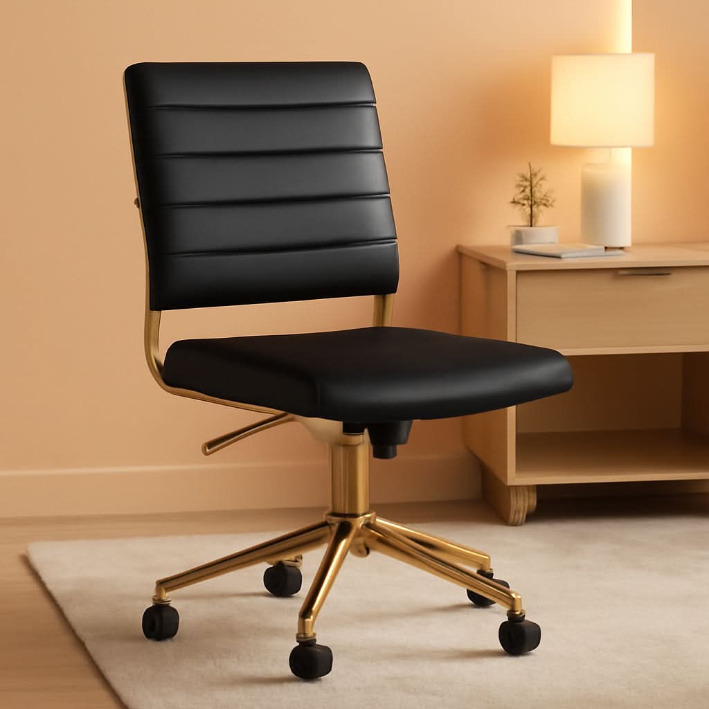 Armless Swivel Task Chair Black Faux Leather Brass Frame