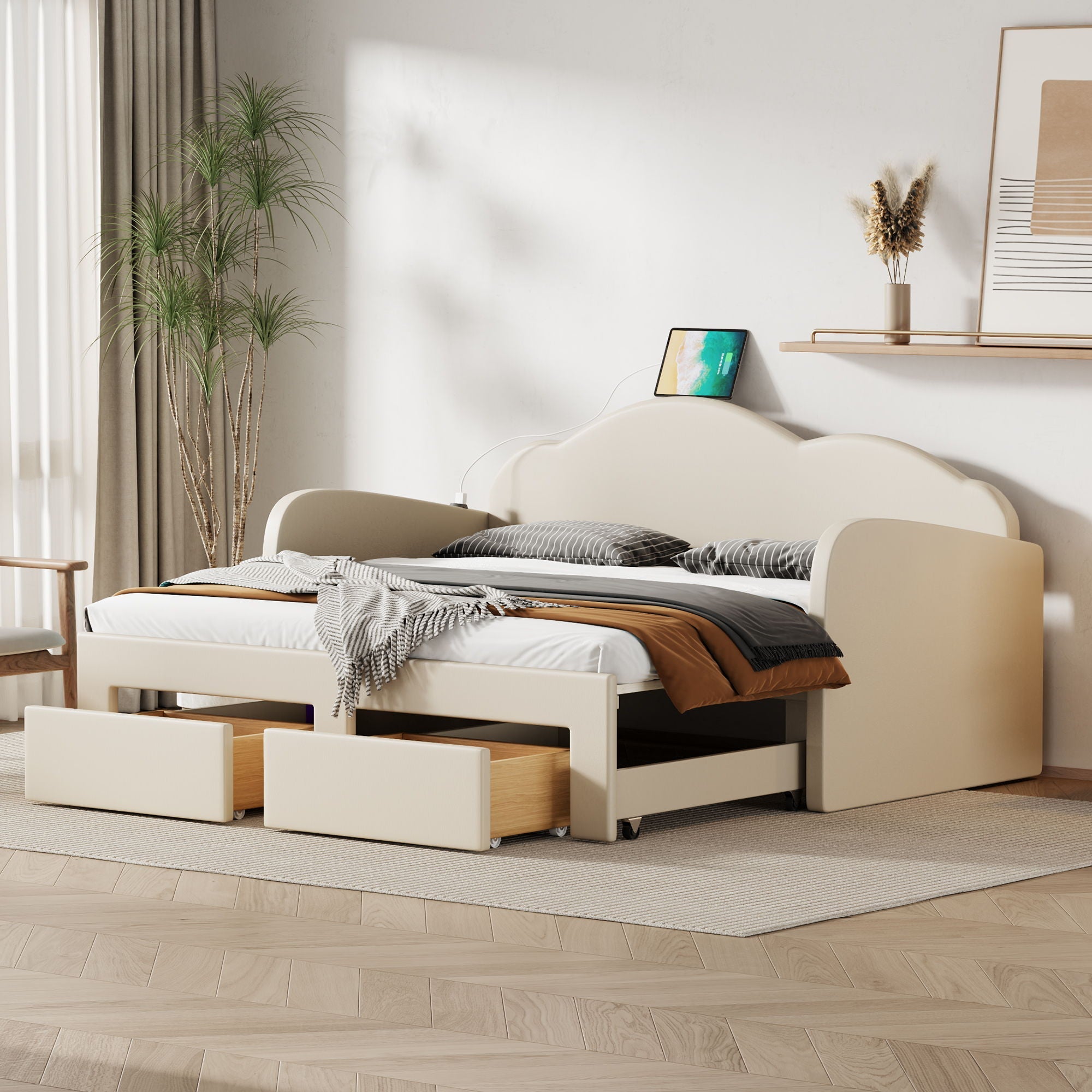 Upholstered Daybed With Cloud-Shaped Backrest, Trundle & 2 Drawers And USB Ports