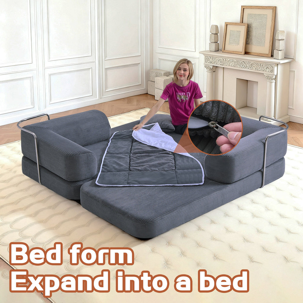 Sofa Bed Floor 5-in-1 Corduroy Gray Convertible Pillow Blanket 74.8 In