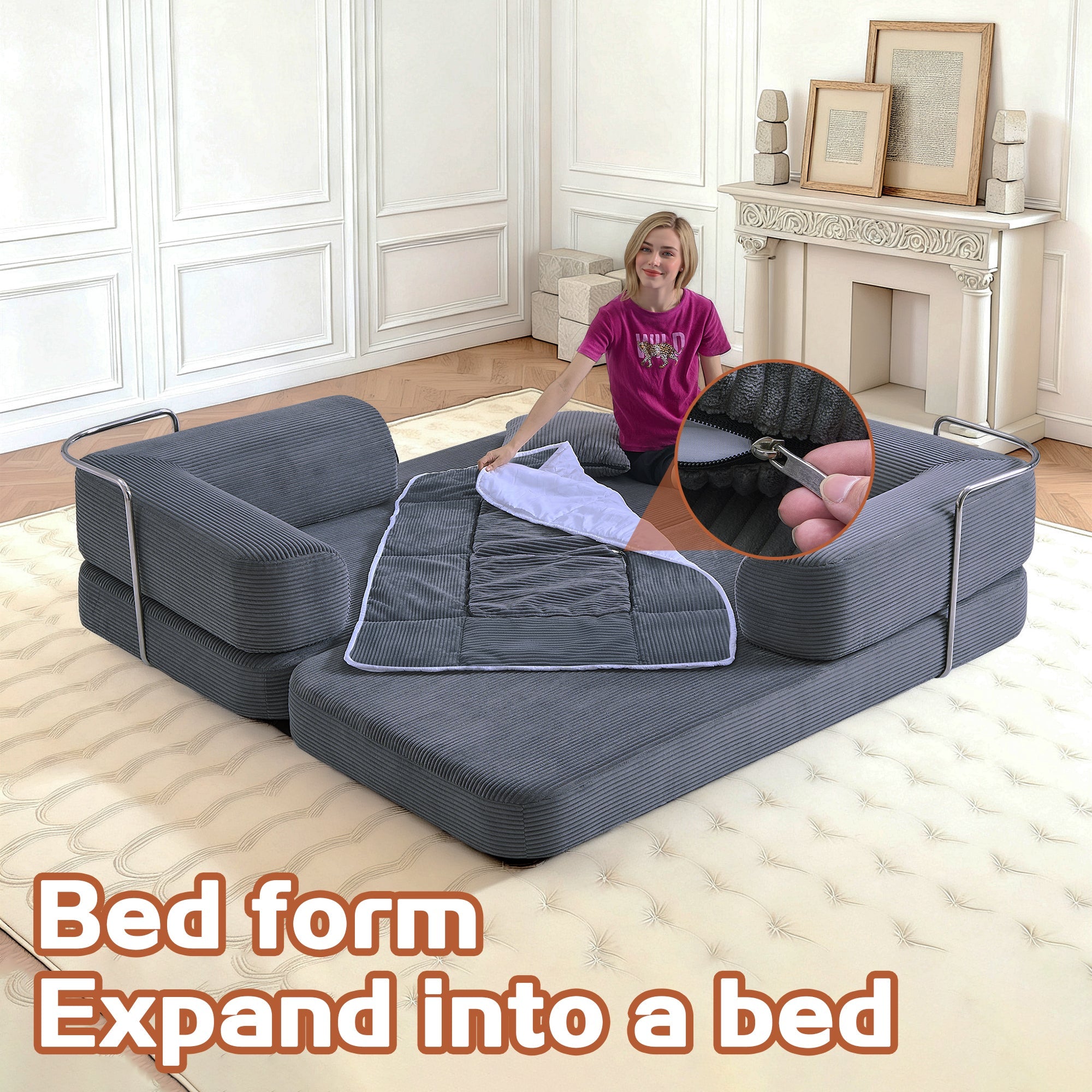 Sofa Bed Floor 5-in-1 Corduroy Gray Convertible Pillow Blanket 74.8 In