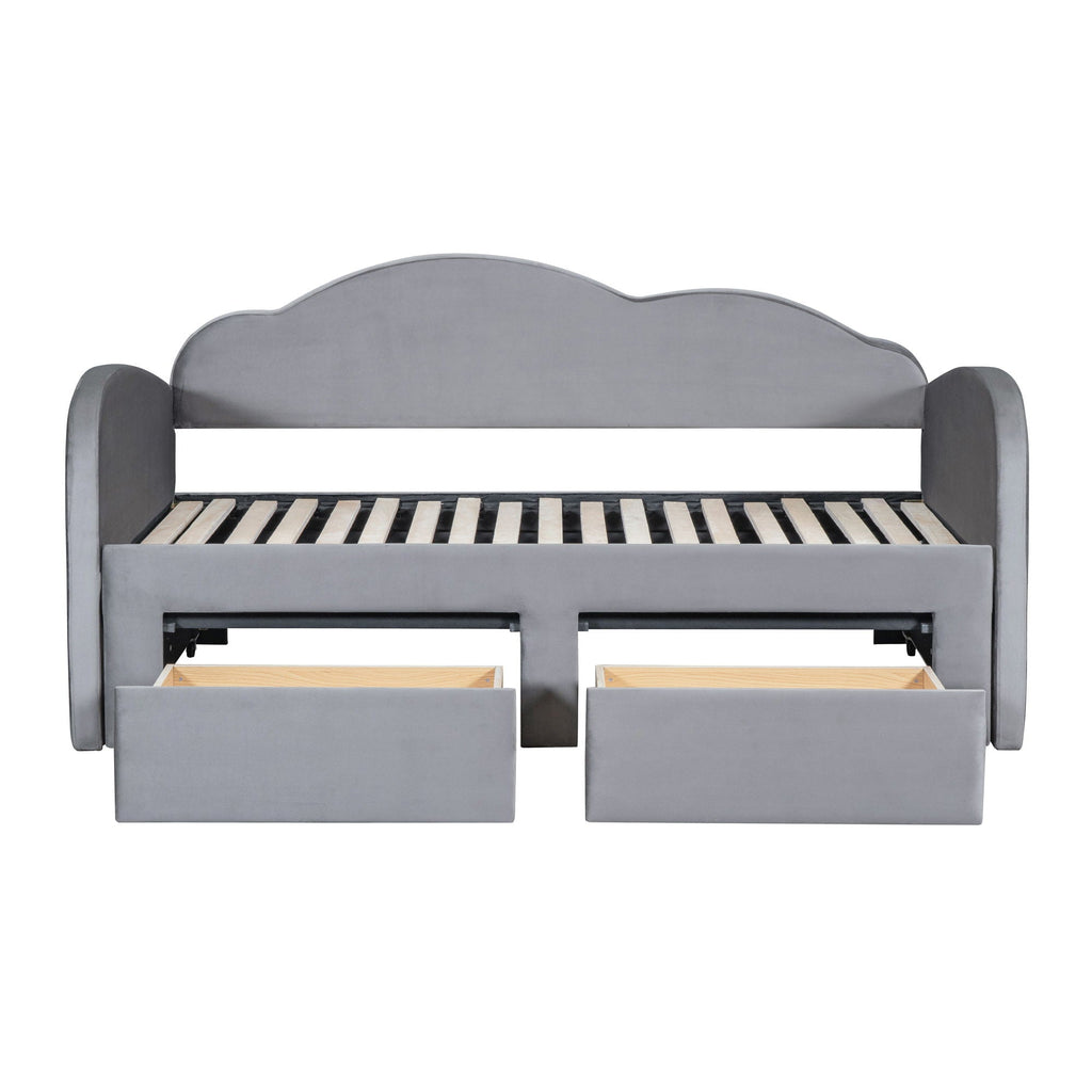 Upholstered Daybed With Cloud-Shaped Backrest, Trundle & 2 Drawers And USB Ports
