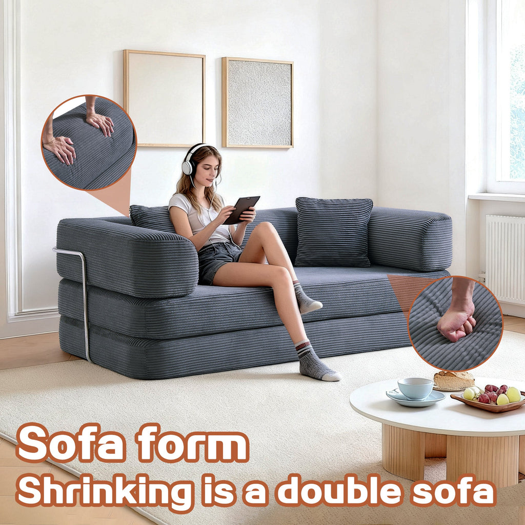 Sofa Bed Floor 5-in-1 Corduroy Gray Convertible Pillow Blanket 74.8 In