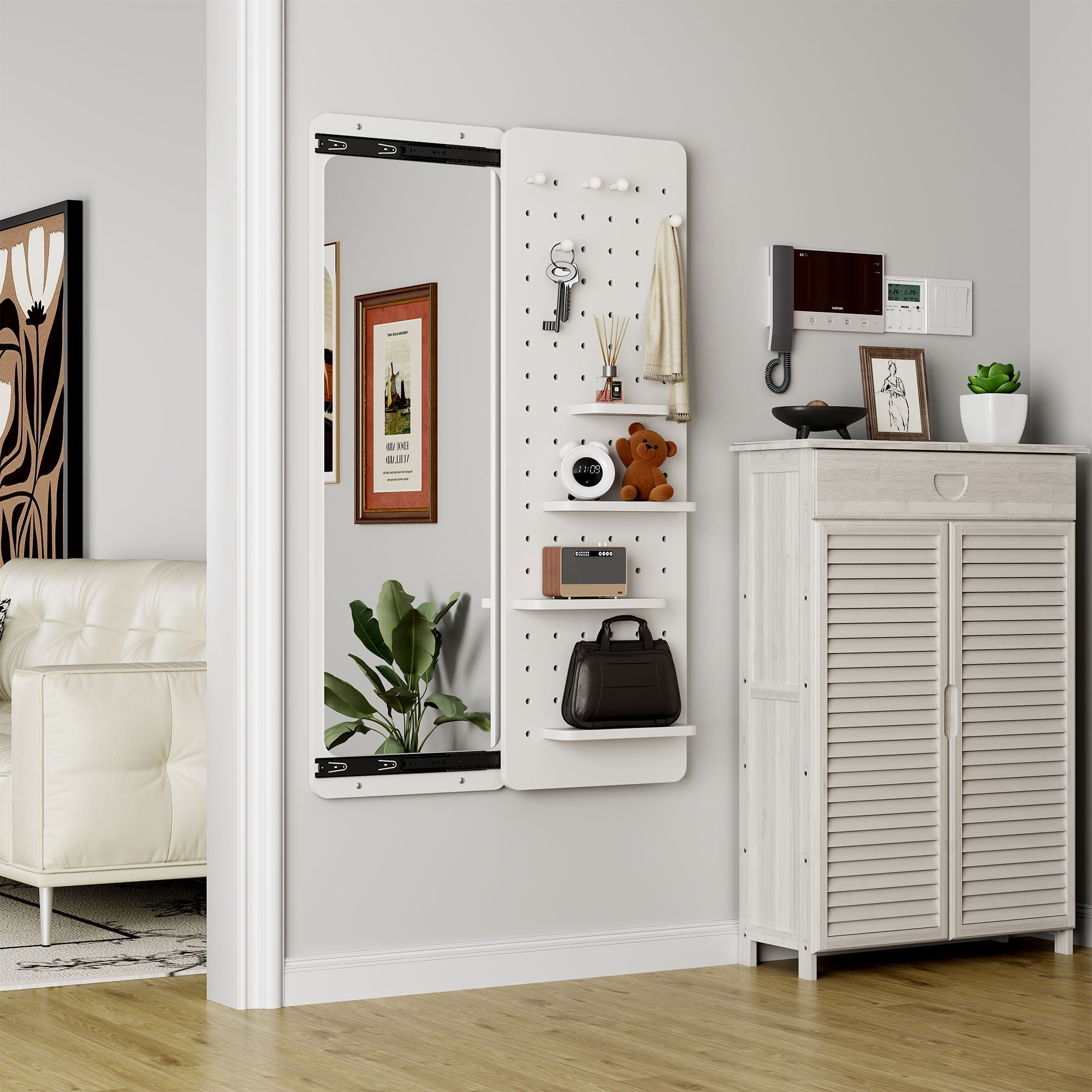 Wall Mounted Full Length Mirror With Shelf And Hook