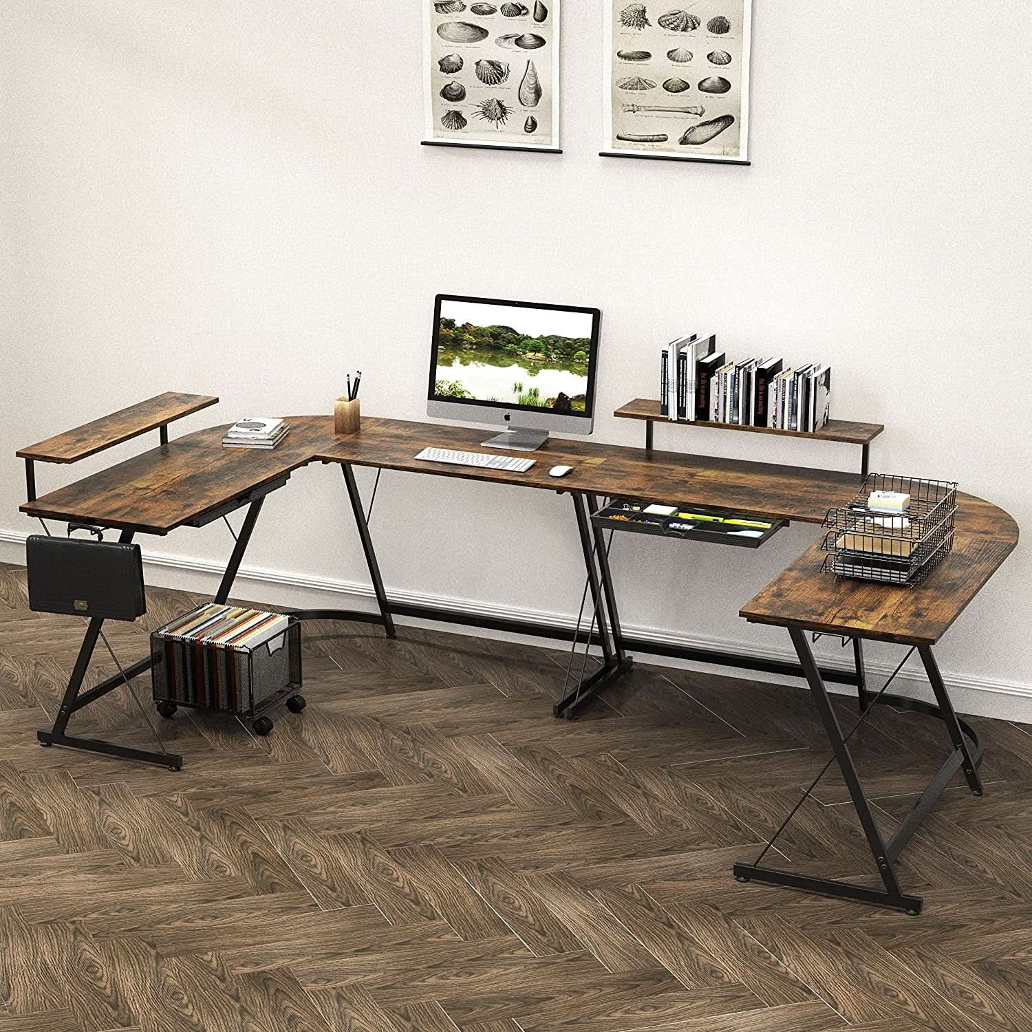 Vista Rustic Brown L Shaped Desk With Monitor Stand
