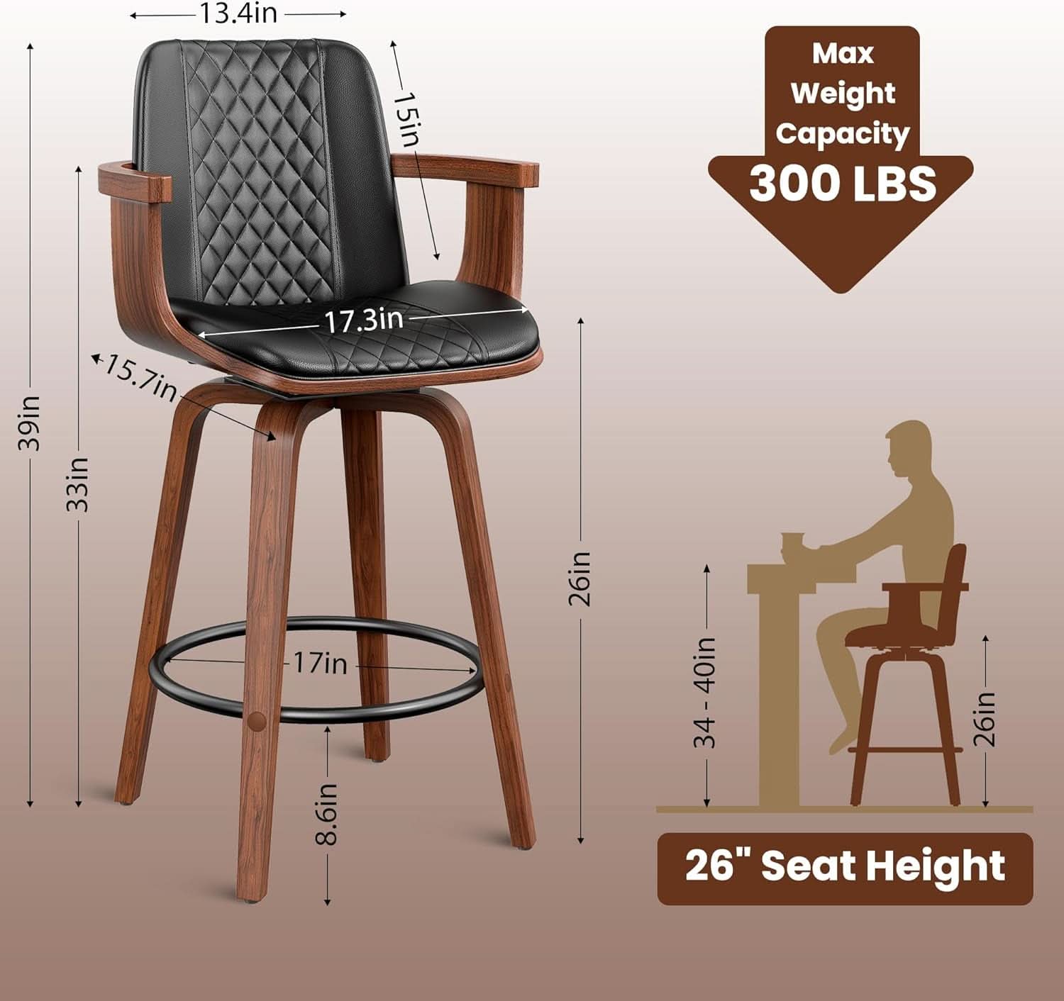 Set Of 3 26 Inch Bar Stools Black PU Leather Upholstery