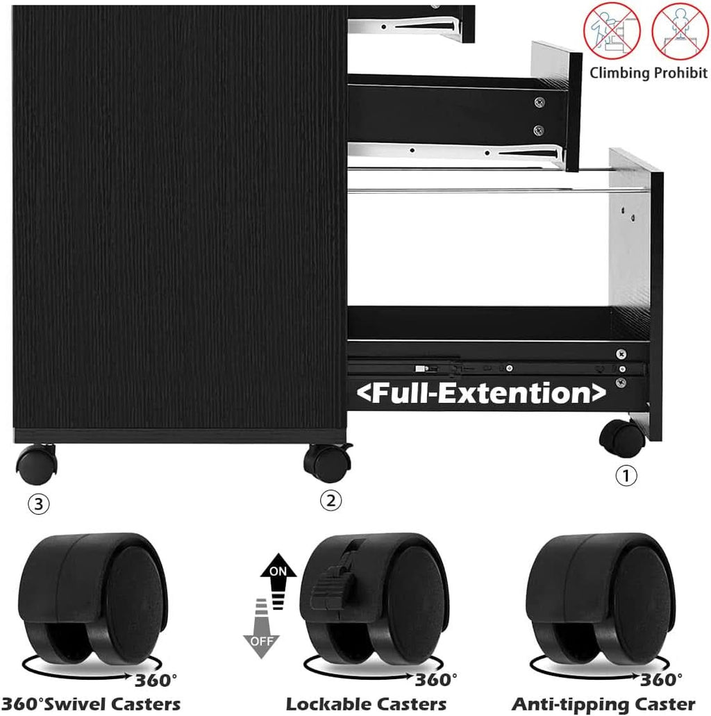 3 Drawer Wood Mobile File Cabinet With Wheels Black Under Desk Office Storage For Home Office Use