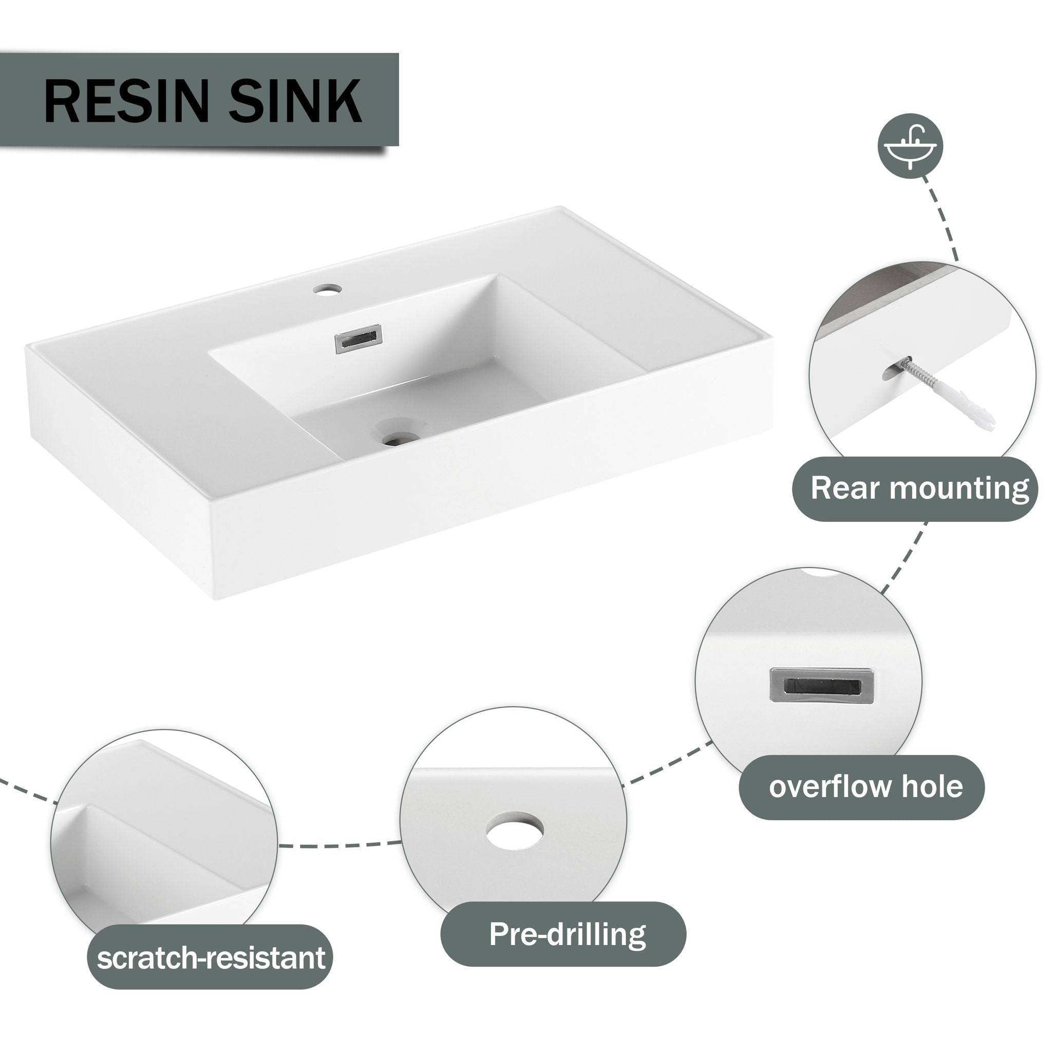Modern Wall Mounted Bathroom Vanity With Resin Sink And 2 Side Cabinet, Imitative, Construction - Imitative Oak