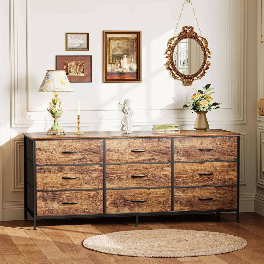 55 Inch Dresser TV Stand With 9 Fabric Drawers Rustic Brown