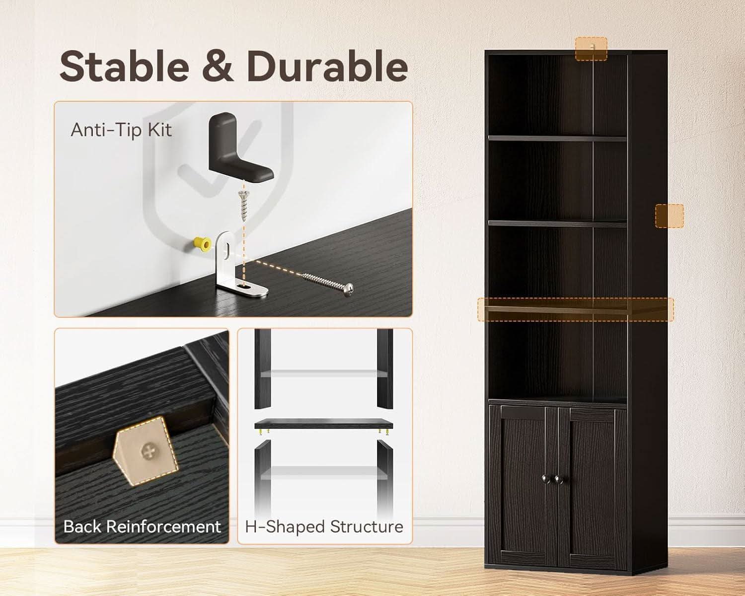 Black Six Tier Floor Standing Bookshelf With Doors