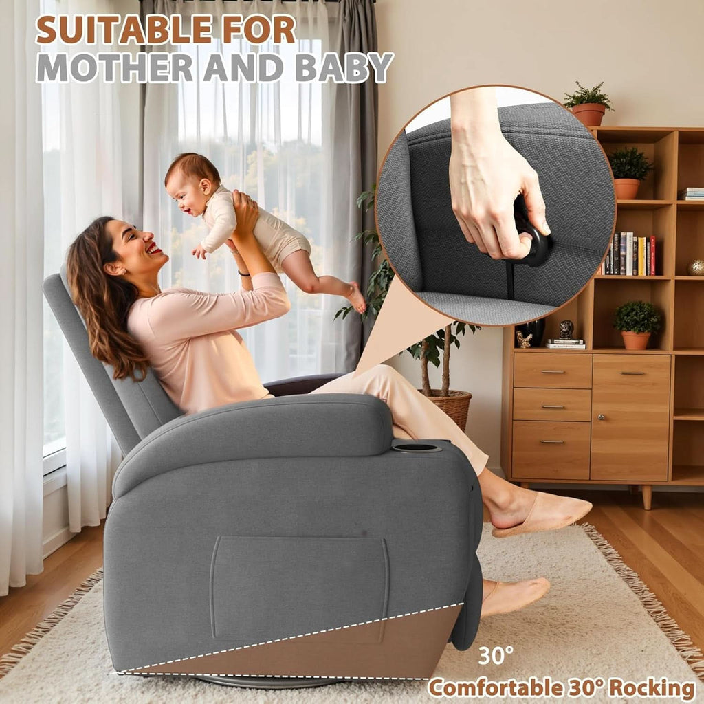 Gray Fabric Swivel Rocker Recliner With Vibration Massage